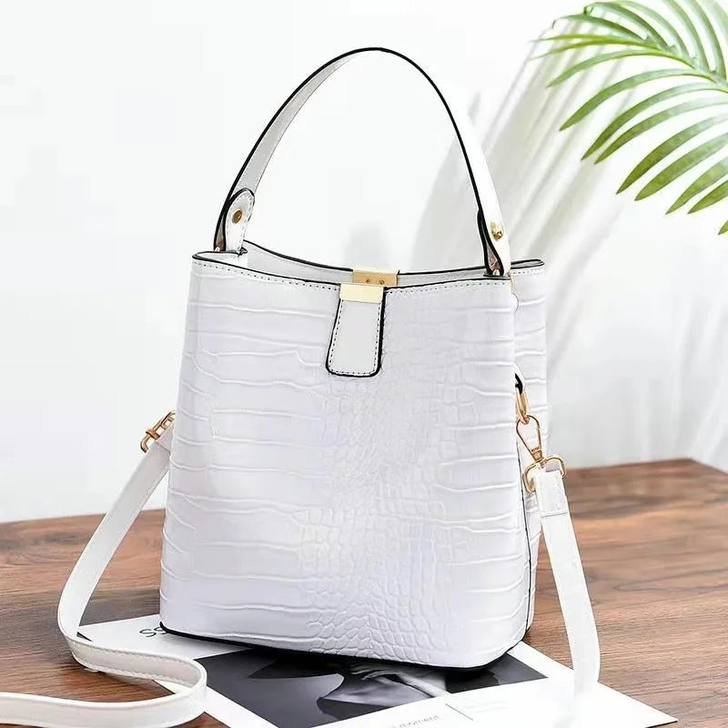 Bright Leather Crocodile Pattern Bucket Bag