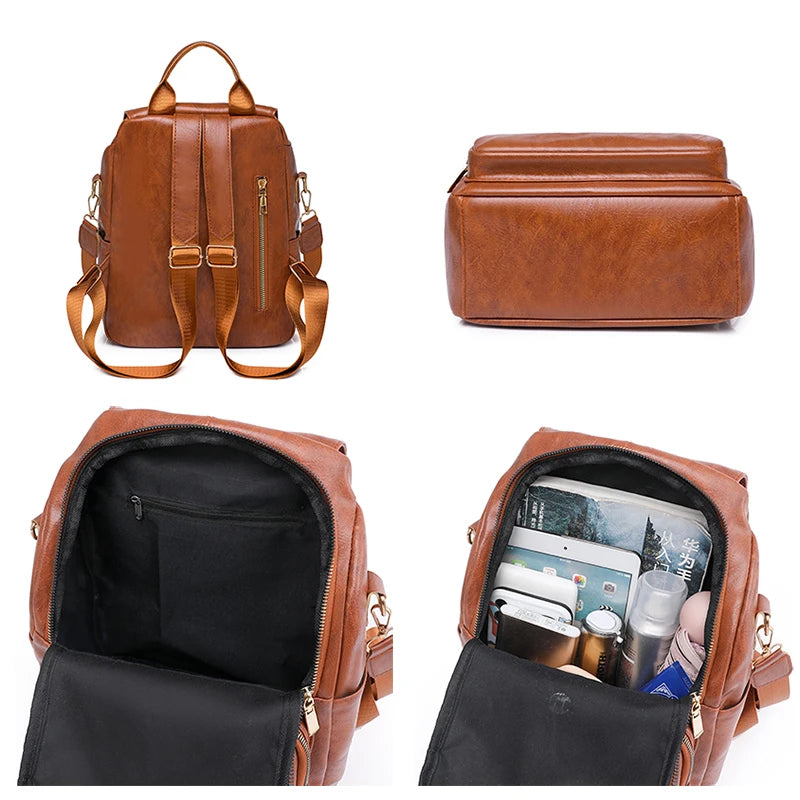 Vintage Leather School Backpack for Teenage Girls