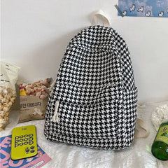 Houndstooth Canvas Backpack Large Capacity Harajuku Bag Preppy Style