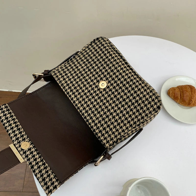 Houndstooth Flap Shoulder Crossbody Bag Small Handbag Office Lady Casual
