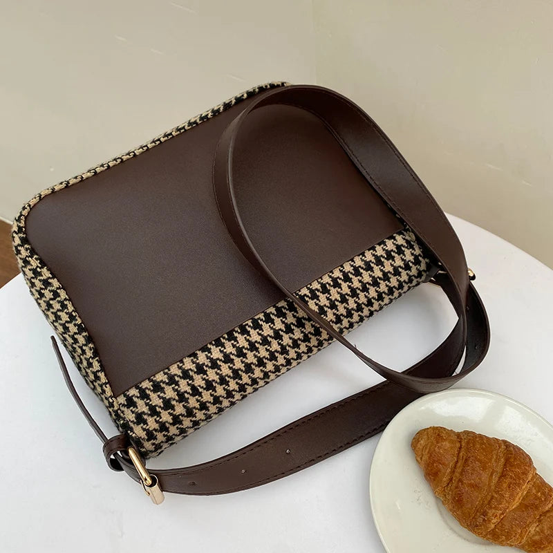 Houndstooth Flap Shoulder Crossbody Bag Small Handbag Office Lady Casual
