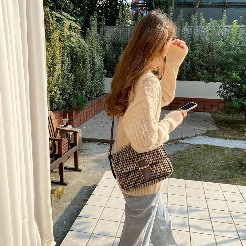Houndstooth Flap Shoulder Crossbody Bag Small Handbag Office Lady Casual