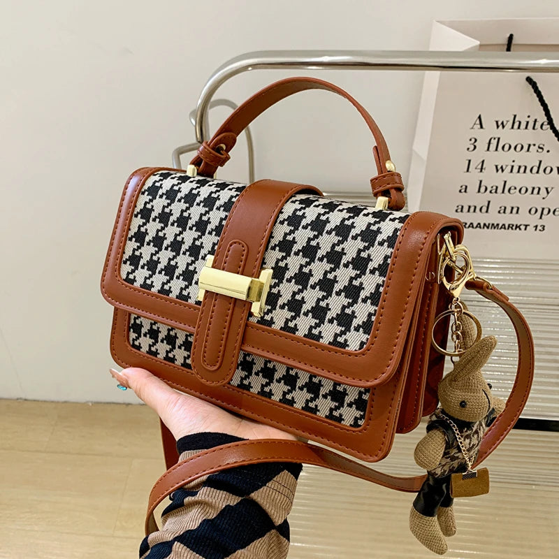 Vintage Houndstooth Handbag Small Leather Crossbody Bag for Women