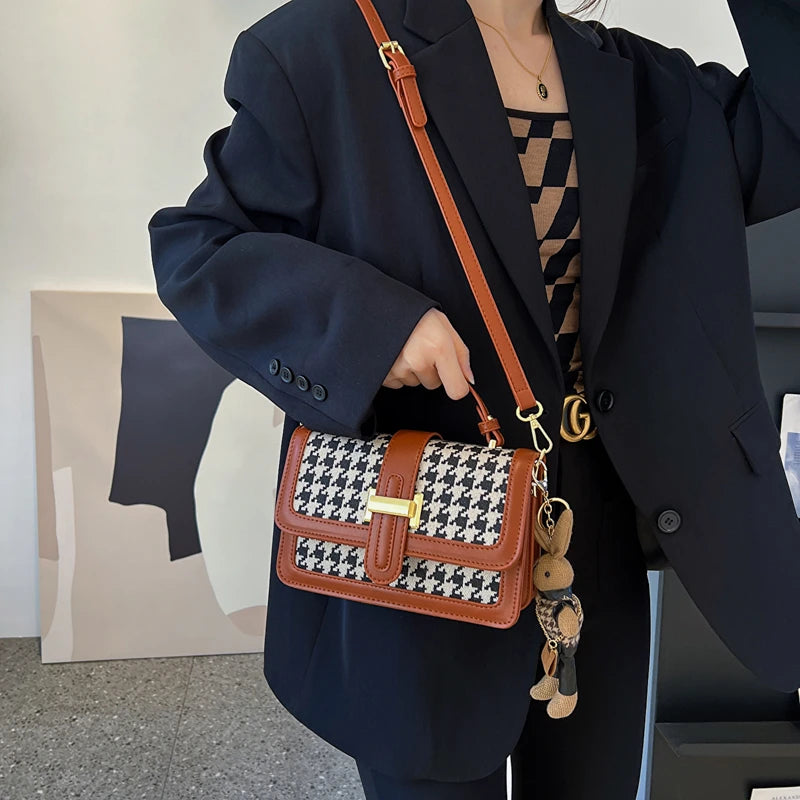 Vintage Houndstooth Handbag Small Leather Crossbody Bag for Women