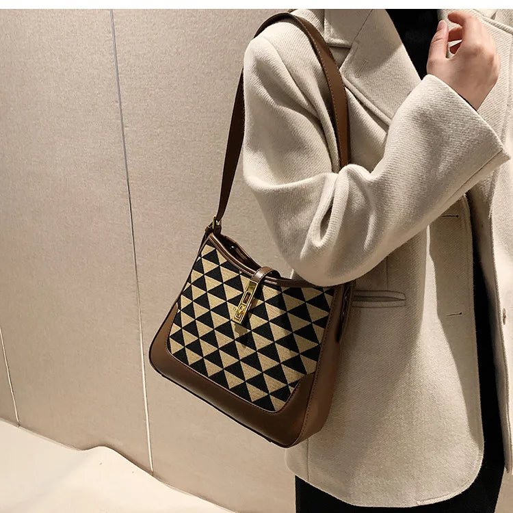 Houndstooth Bucket Purse Patchwork Shoulder Bag
