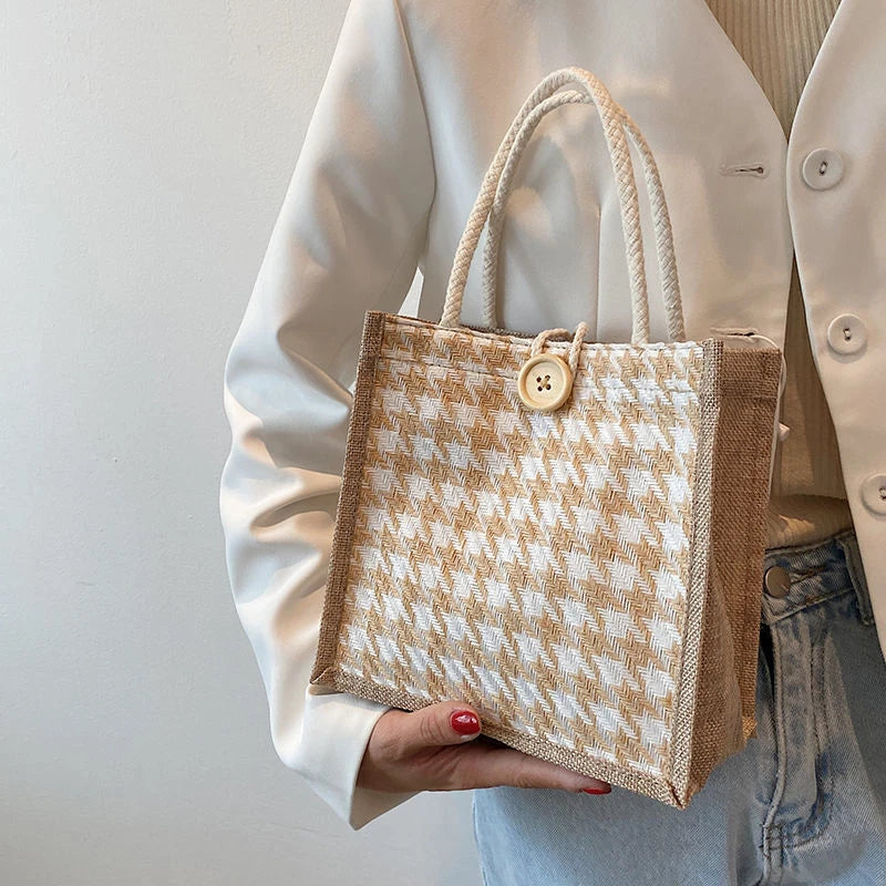 Houndstooth Lunch Bags Linen Ins Large Capacity Food Storage Tote Bag