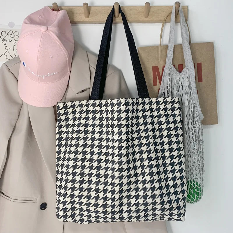 Houndstooth Pattern Women Canvas Shopping Bags Retro Large Shoulder Bag