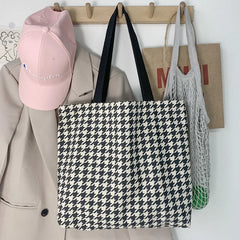 Houndstooth Pattern Women Canvas Shopping Bags Retro Large Shoulder Bag