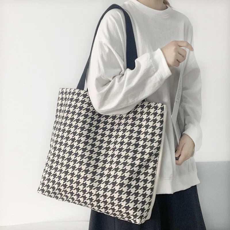 Houndstooth Pattern Women Canvas Shopping Bags Retro Large Shoulder Bag