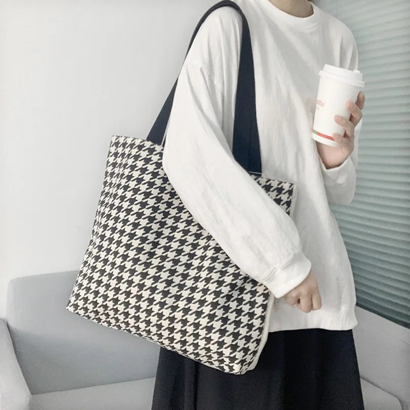 Houndstooth Pattern Women Canvas Shopping Bags Retro Large Shoulder Bag