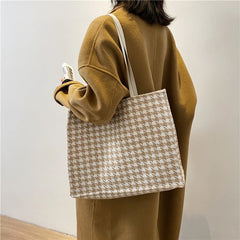 Houndstooth Print Canvas Shoulder Bag Large Capacity Totes