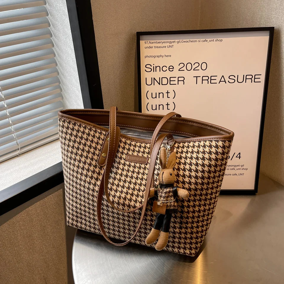 Houndstooth Shoulder Bags Winter Totes Large Capacity Handbags