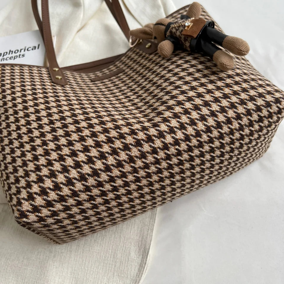 Houndstooth Shoulder Bags Winter Totes Large Capacity Handbags