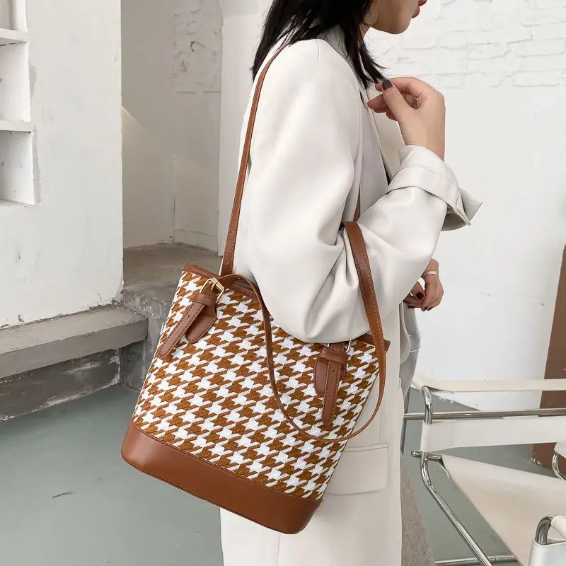 Houndstooth Shoulder Bags Women Large Capacity Underarm Bucket Handbags