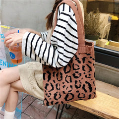 Leopard Print Knitted Shoulder Bag Foldable Tote