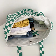 Plaid Checked Canvas Handbags Large Capacity Tote Bag