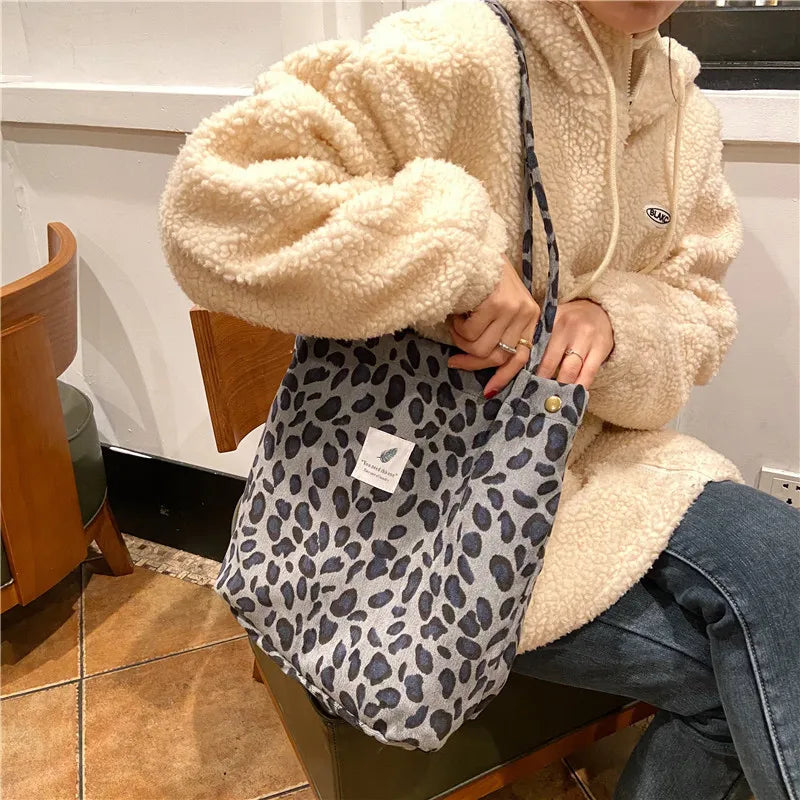 Corduroy Plum Blossom Pattern Tote Leopard Handbag