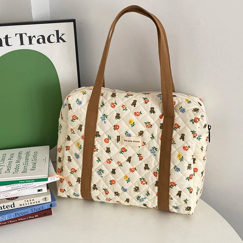 Bear Flower Quilted Cotton Shoulder Bag Women's Handbag Travel Soft Tote