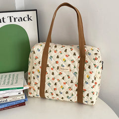 Bear Flower Quilted Cotton Shoulder Bag Women's Handbag Travel Soft Tote