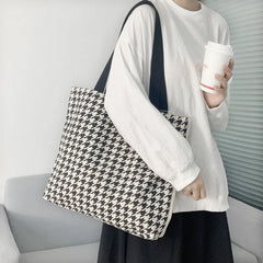 Houndstooth Print Canvas Tote Shoulder Bag Large Capacity Handbag