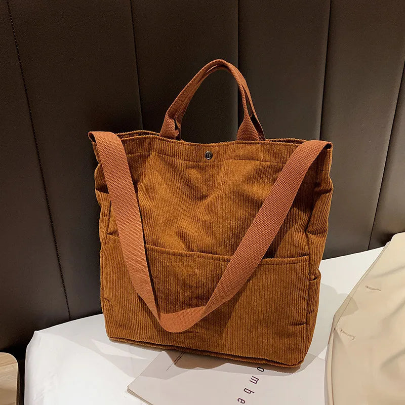 Corduroy Shoulder Bag Canvas Casual Tote Handbag