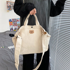 Bear Canvas Crossbody Bag Solid Shopping Handbag Adjustable Shoulder Strap