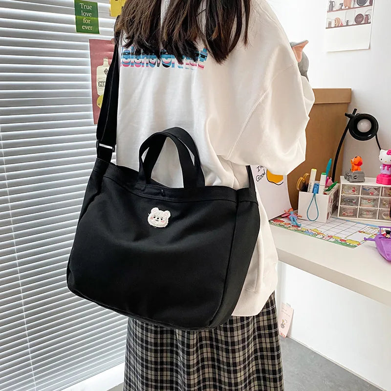 Bear Canvas Crossbody Bag Solid Shopping Handbag Adjustable Shoulder Strap