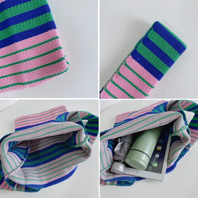 Colorful Stripe Messenger Bag Knitted Cotton Tote