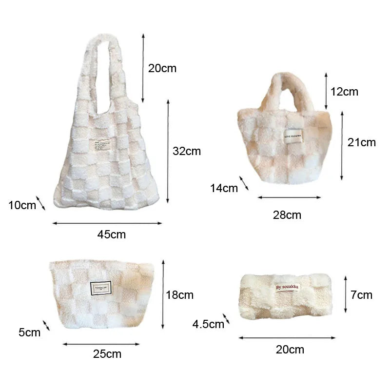 Plush Checker Shoulder Bag Lamb Wool Cosmetic Bags