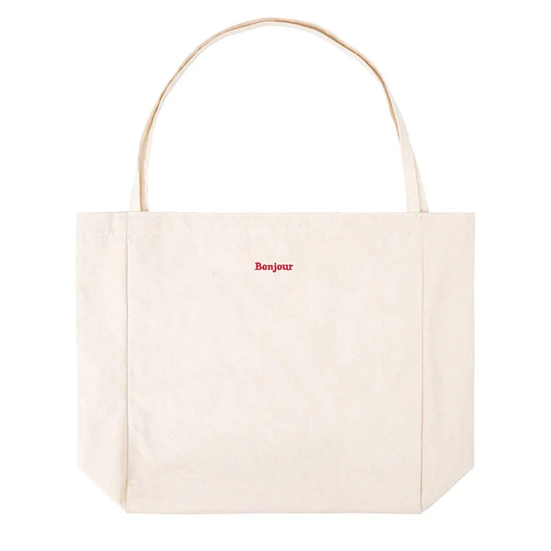 Female Shoulder Bag Canvas Tote Bonjour Embroidery Handbags Large Capacity