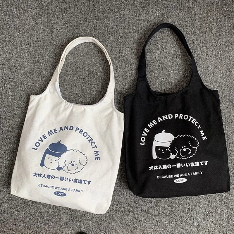 Cartoon Dog Pattern Canvas Tote Bag Eco-Friendly Shopping Bag for Women