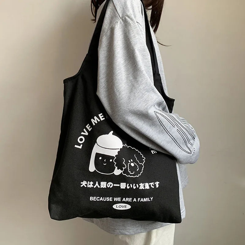 Cartoon Dog Pattern Canvas Tote Bag Eco-Friendly Shopping Bag for Women