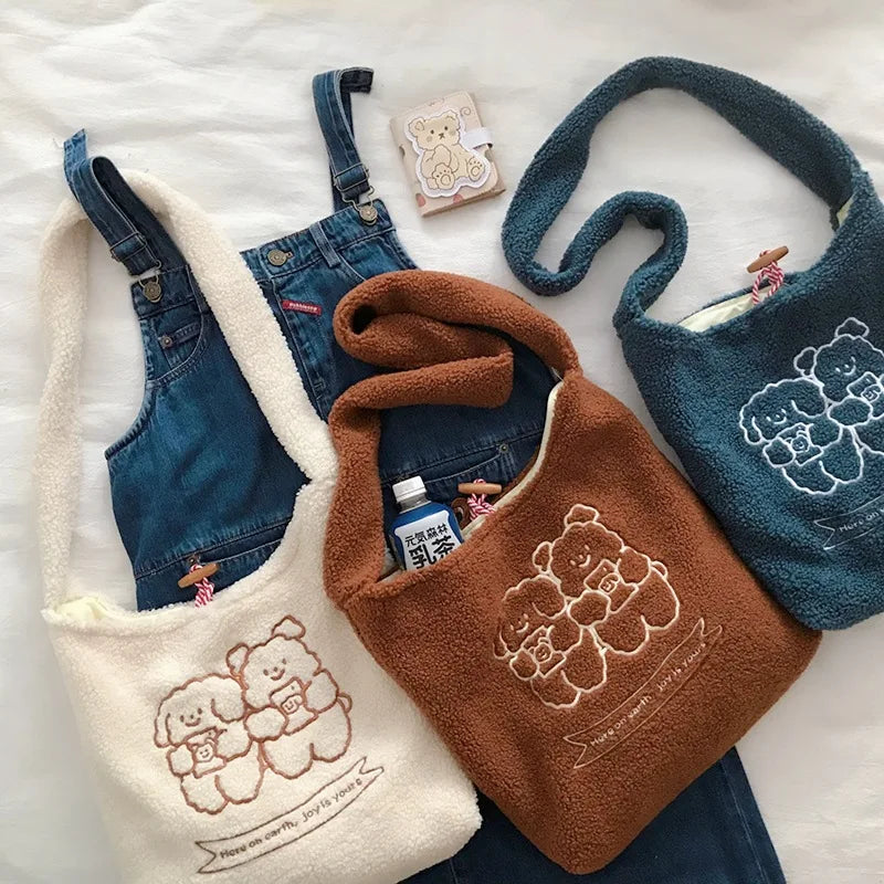 Plush Tote Shoulder Bag Cartoon Prints Embroidery Messenger Bag
