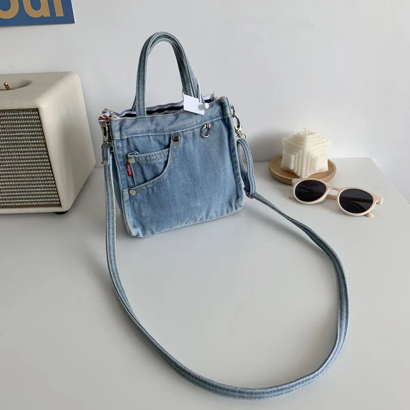 Mini Denim Shoulder Bag Zipper Handbag Portable Tote Bag