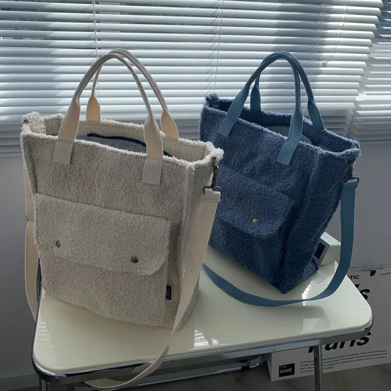 Fluffy Shoulder Bag Zipper Purse Cashmere Tote Solid Messenger Bags For Women