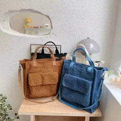 Fluffy Shoulder Bag Zipper Purse Cashmere Tote Solid Messenger Bags For Women