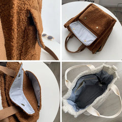 Fluffy Shoulder Bag Zipper Purse Cashmere Tote Solid Messenger Bags For Women