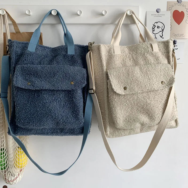 Fluffy Shoulder Bag Zipper Purse Cashmere Tote Solid Messenger Bags For Women