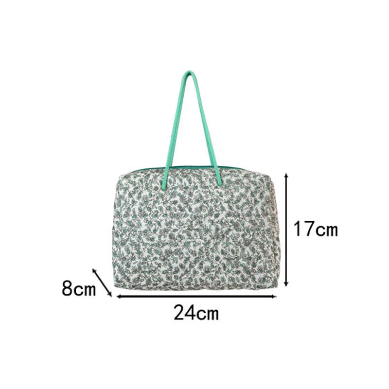 Quilted Cotton Shoulder Bag Green Flowers Large Capacity Handbag