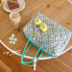 Quilted Cotton Shoulder Bag Green Flowers Large Capacity Handbag