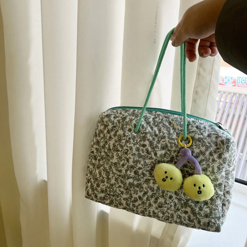 Quilted Cotton Shoulder Bag Green Flowers Large Capacity Handbag