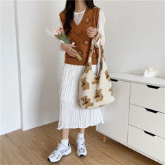 Cashmere Shoulder Bag Soft Plush Bear Tote