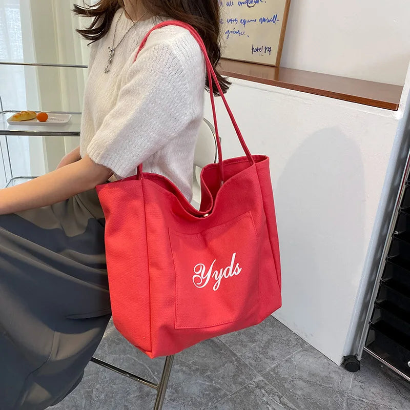 Large Capacity Women's Shoulder Bag College Style Cotton Canvas Handbag