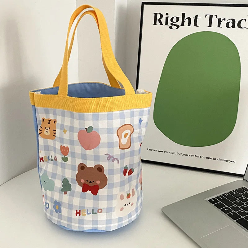 Woman's Cartoon Bucket Tote Bag Large Capacity Handbag Canvas Bento Bags