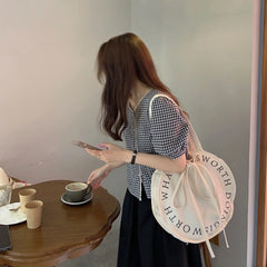Women's Letter Canvas Round Shoulder Bag Large Capacity Casual Handbag