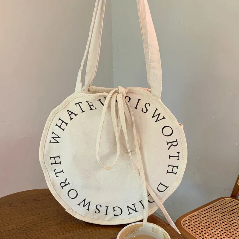 Women's Letter Canvas Round Shoulder Bag Large Capacity Casual Handbag