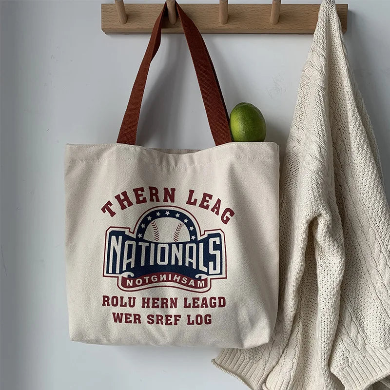 Letters Print Canvas Shopping Bag for Women Eco Handbag Tote