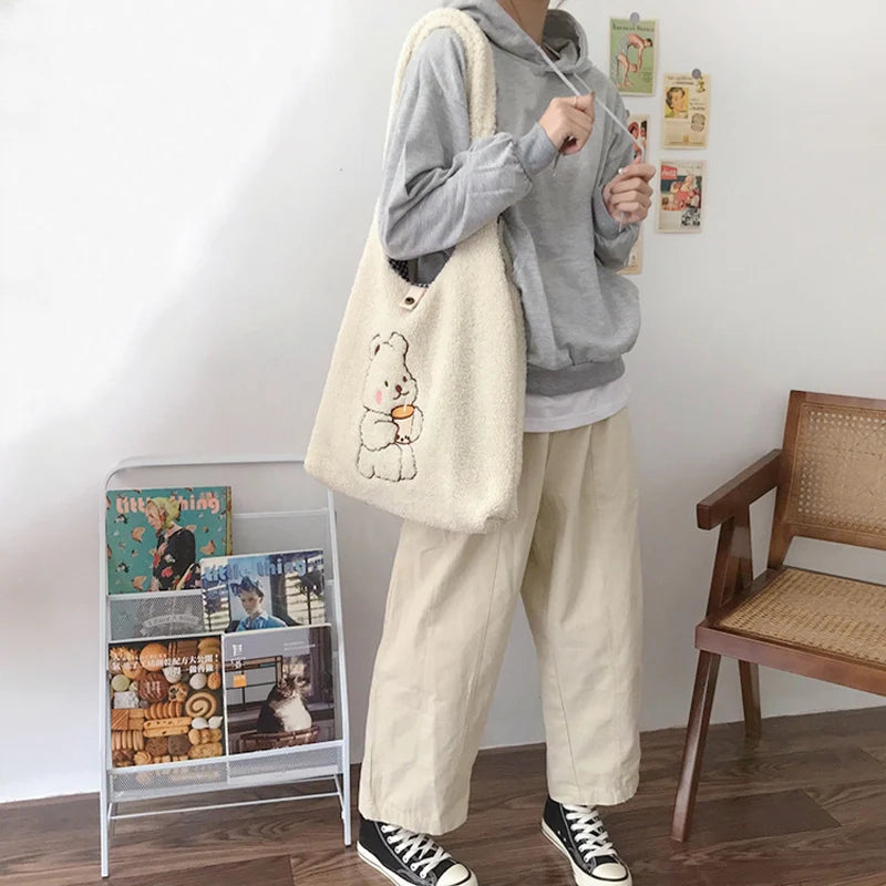 Canvas Tote Purse Shoulder Bag Bear Embroider Handbag