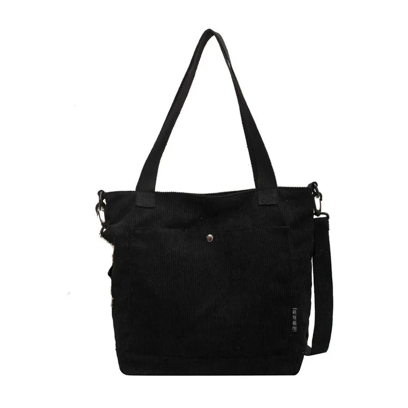 Women Corduroy Shoulder Bag Solid Casual Shopping Tote Zipper Handbag
