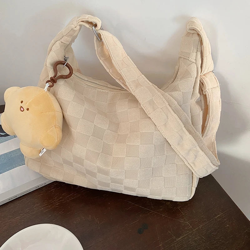 Plaid Shoulder Bag Large Capacity Soft Cloth Crossbody Bag